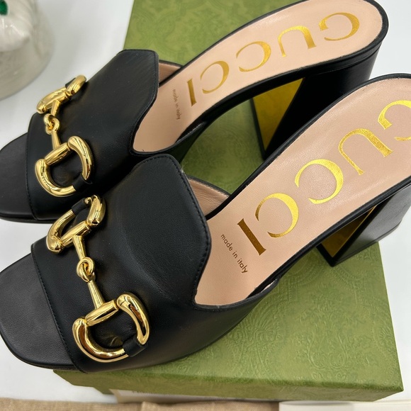 Women's Gucci Horsebit Leather mid heel slide sandal size 37.5 made in Italy - Picture 5 of 9